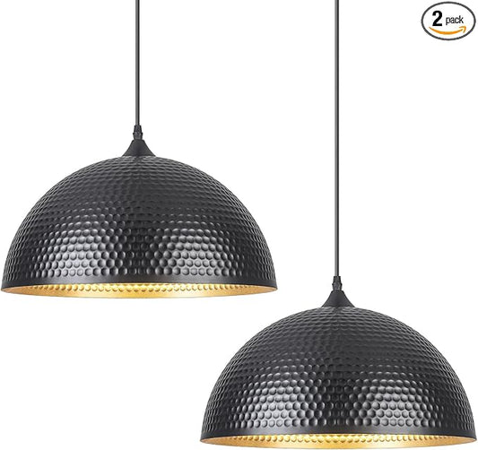 16 inch Black and Gold Pendant Light 2 Pack, Hammered Large Industrial Pendant Lights Kitchen Island, Black Dome Pendant Light for Kitchen Island, Dining Room, Bar