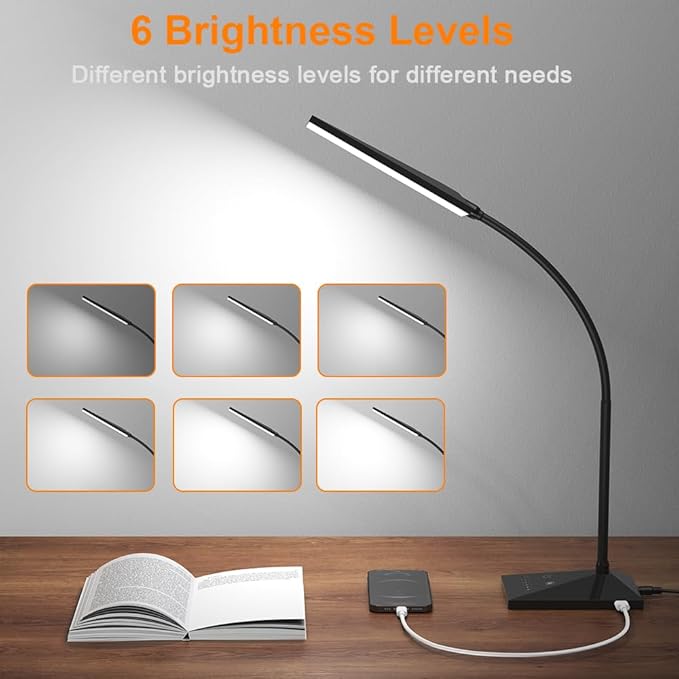 Vansuny LED Desk Lamp with USB Charging Port, Eye-Caring, 5 Color Modes,6 Brightness Levels, Touch Control, Adjustable Neck, Memory Function for Dorm Office Work Bedroom (12W,Black)