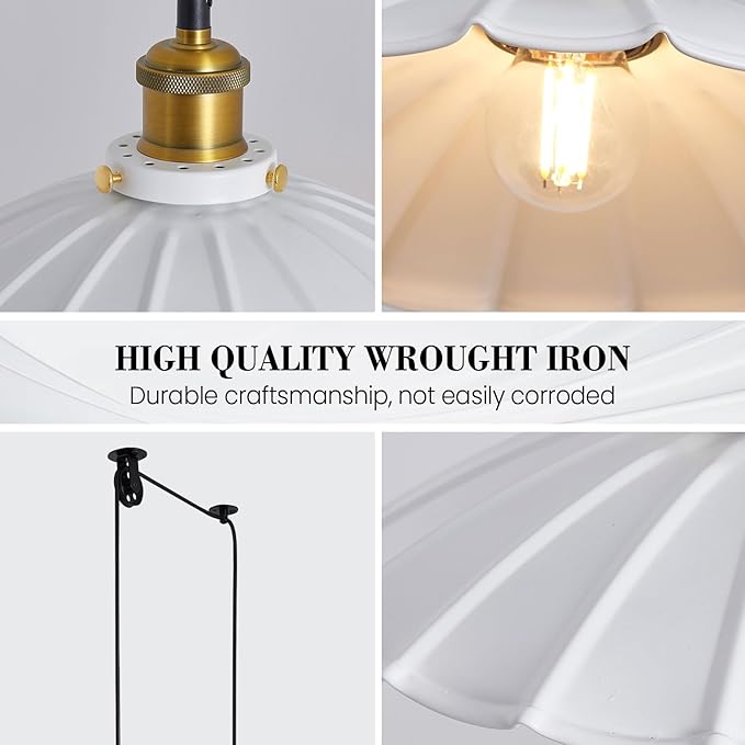 Plug in Pendant Light Industrial 9.8 Inch White Lampshade Kitchen Island Hanging Lamp Plug in Adjustable Cord Hanging Lights for Bedroom and Living Room