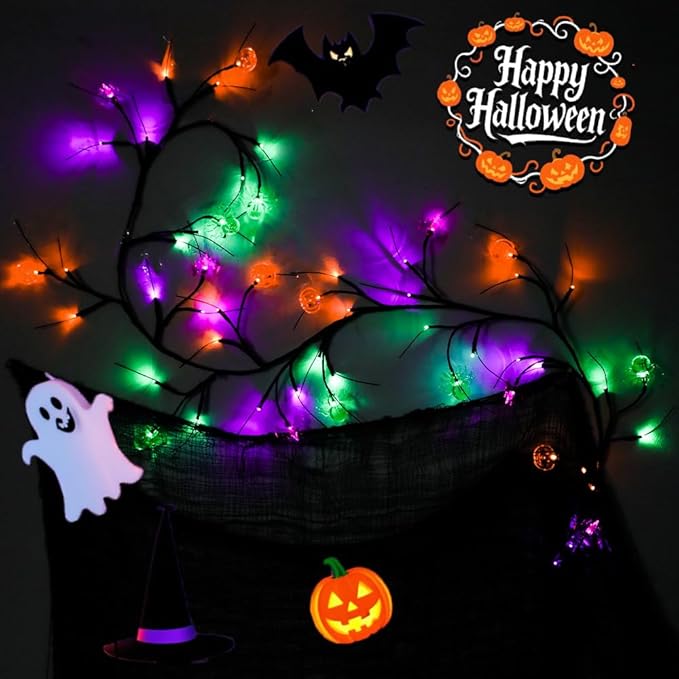 6FT Halloween Decorations Lights Willow Vine Twig Garland with Pumpkin Bat Spider Light, 8-Mode Battery Operated Decoration for Home Wall Table Fireplace Décor