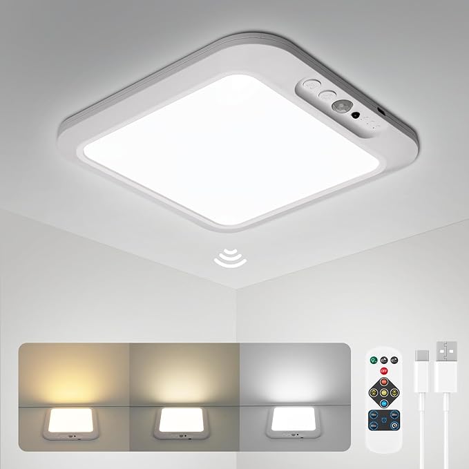 wowatt Rechargeable Battery Operated Ceiling Light, Motion Sensor Light Indoor Wireless Shower Lamp with Remote 3000K 4500K 6500K Dimmable Timing for Closet, Shower, Hallway, Patio
