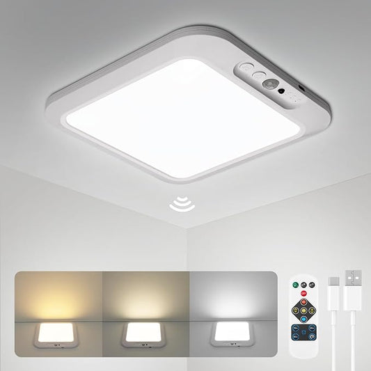wowatt Rechargeable Battery Operated Ceiling Light, Motion Sensor Light Indoor Wireless Shower Lamp with Remote 3000K 4500K 6500K Dimmable Timing for Closet, Shower, Hallway, Patio