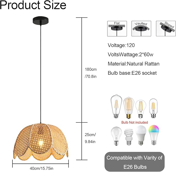 15.75" Rattan Pendant Light Boho Natural Rattan Hanging Lamp,1-Light Hand-Woven Flower Shaped Ceiling Chandelier for Dining Living Bedroom Kitchen Farmhouse