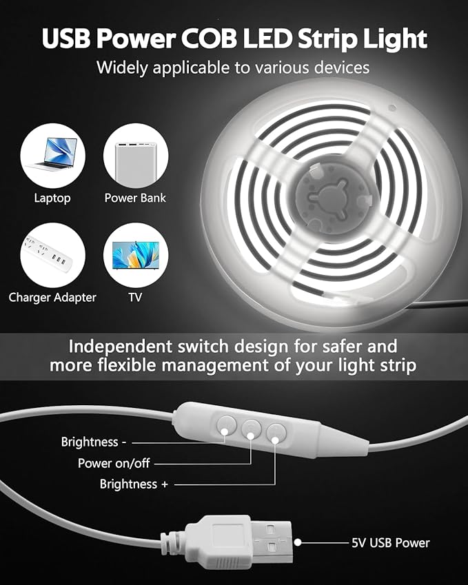 5V USB COB LED Light Strip with Dimmer 3.3FT Daylight White LED Rope Lights Indoor Tunable 6000K Super Density 320LEDs/M IP67 Waterproof LED Tape Light for Bedroom TV Backlight Mirror Decor
