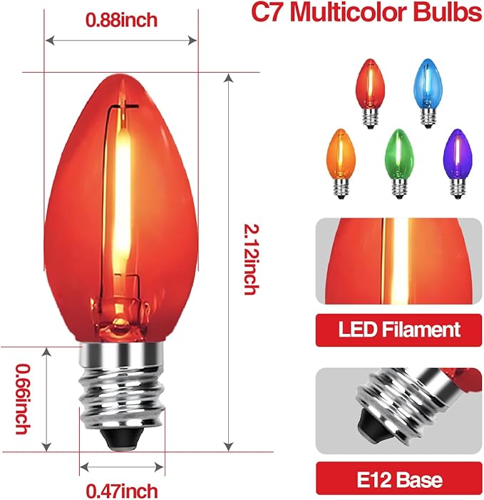 C7 Replacement Bulbs, Christmas Lights Bulbs, 0.6W Multi-Color Clear LED Light Bulbs, Colorful Light for Xmas Tree Patio Prom Indoor Outdoor String Lights Decor, E12 Candelabra Base-10 Pack
