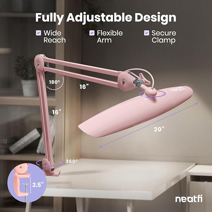 Neatfi XL 2200 Lumens 24W LED Desk Lamp with Clamp - Shadow-Free Task Lighting | 4-Level Dimming | Home Office & Crafts Use | 20-Inch Wide Head (Non-CCT, Rose Gold)