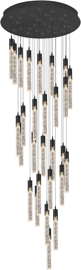 Flashing God Black 28 Lights Large Foyer Chandeliers for High Ceilings 12 feet Long Spiral Stair Pendant Chandelier Crystal Ceiling Light Fixtures Dimmable 2700k-4500k-6000k