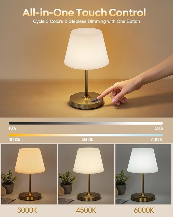 Cordless Touch Table Lamp, 4000mAh Rechargeable Small Desk Lamp with 3 Color Temperatures & Stepless Dimming, Portable LED Bedside Lamp for Bedroom, Living Room, Patio & Camping, Gold