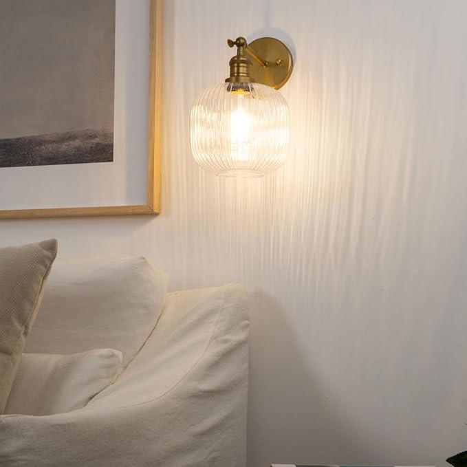 Pathson Modern Wall Sconce Lamp Clear Striped Round Glass, Hardwired Vintage Wall Vanity Light Fixture for Farmhouse Living Room Bedroom Bathroom Loft