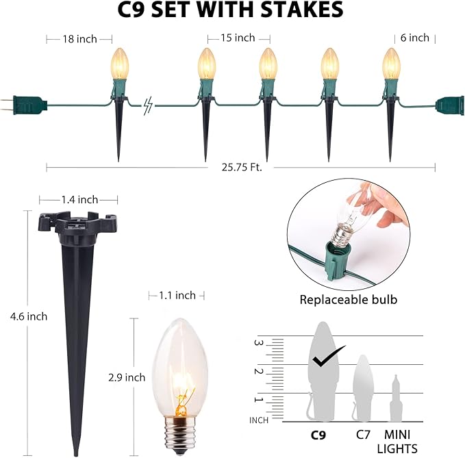 C9 Christmas Lights Outdoor, 4 Packs Total 102.8 Ft 80 Bulbs Christmas Pathway Lights, Waterproof Walkway Lights for Outside Driveway Sidewalk Outdoor Decorations Yard, Clear