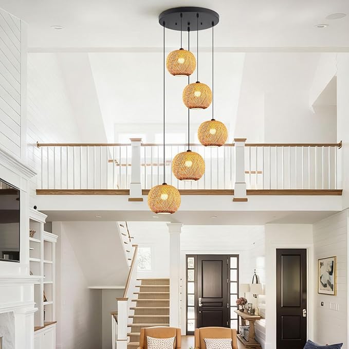 5-Light Rattan Chandelier Lighting for Staircase Boho Bamboo Long Chandeliers for High Ceilings, Wicker Adjustable Pendant Light Fixture for Foyer Living Room Entryway, E26 Base