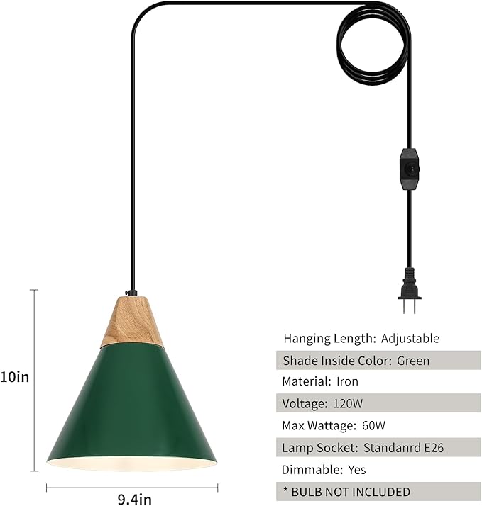 Green Plug in Pendant Light, 2 Pack 9.4inch Hanging Lights with Plug in Cord 14.7 ft, Hanging Pendant Light, Hanging Lamp Plug in for Bedroom Living Room Kitchen Island
