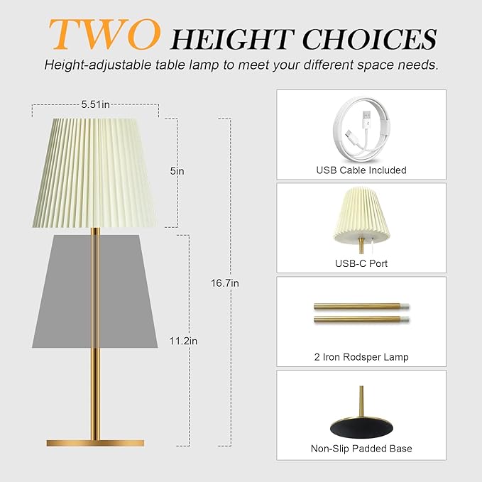 1 Pack Cordless Table Lamps Rechargeable, 2 Adjustable Height Flaxen Fabric Pleated Lamp, 5200mAh Battery Operated, 3 Colors Smooth Dimming, Portable LED Table Lamp for Dining, Bedroom, Outdoor