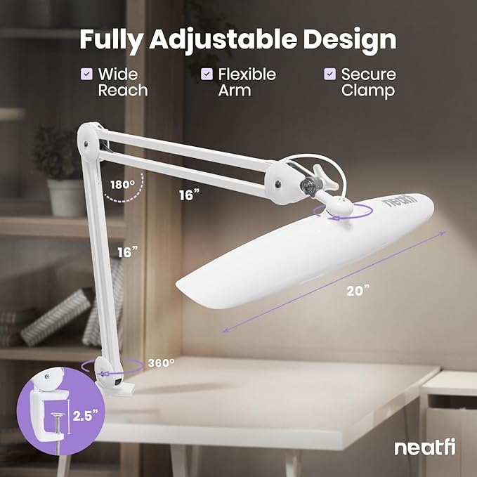 Neatfi XL LED Desk Lamp with Clamp, 2200 Lumens, 24W, 20-Inch Wide Head, Dimmable 4 Brightness Levels, Task Light for Home Office, Crafts, Workbench (Non-CCT, White)