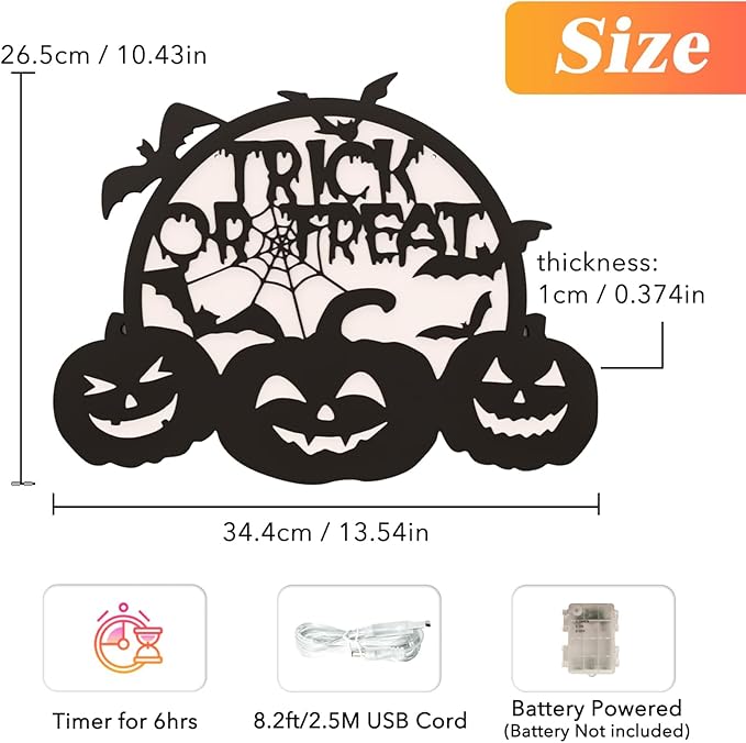 Halloween Pumpkin Lights, LED Connected Jack O Lantern With Light Up Green Moon, Bat Spider Web & Trick or Treat Wording, USB & Battery Powered With Timer, Halloween Decorations Kids Wall Window Art