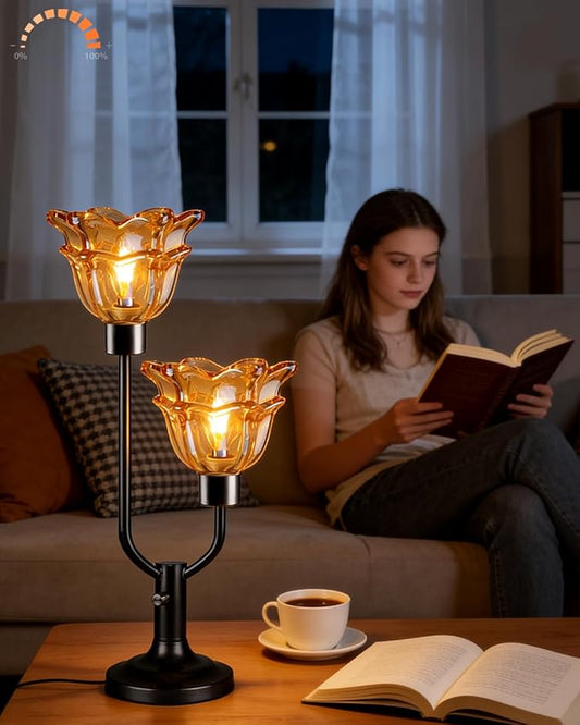 Lightdot Mid Century Modern Flower Table Lamp Black Dimmable U-Shaped Brown Glass Desk Lamps with 2Pcs 3000K Warmwhite Bulbs Included Bedside Nightstand Lamp for Living Room Bedroom