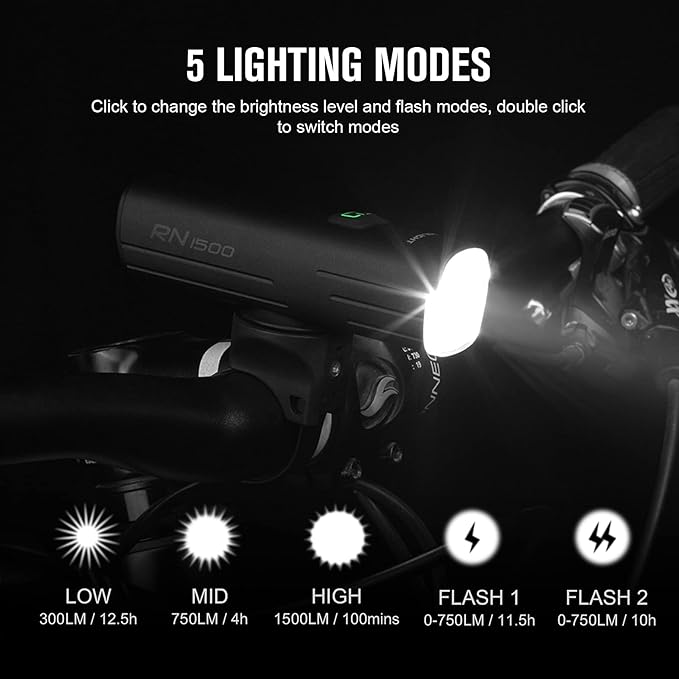 OLIGHT RN 1500 Rechargeable Bike Headlights 1500 Lumens for Road Urban Cyclists, USB Type C Reverse Charging, Rechargeable Battery Included, 164 Meters Light Range Anti-Glare Beam, IPX7 Waterproof