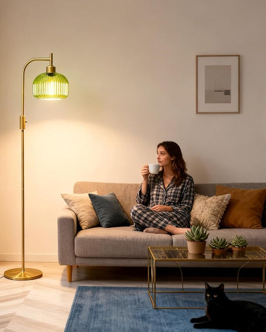 Lightdot 64IN Glass Floor Lamp for Living Room, Dimmable Modern Standing Lamps with Emerald Green Ribbed Glass Lampshade&(Bulb Included), Industrial Floor Lamp for Bedroom Office/