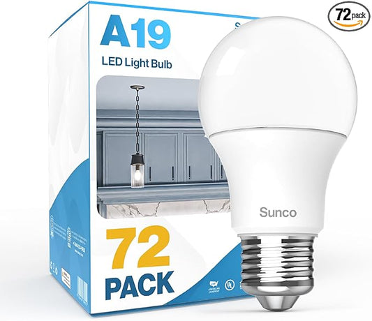 Sunco 72 Pack A19 LED Light Bulbs, [Focos para Casa], E26 Base Lamp Bulb for Bedroom Bathroom, 850 LM, 8W (60W Equivalent), 5000K Daylight, Non-Dimmable, 25000 Lifetime Hours UL.