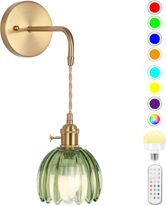 Vintage Wall Sconce, Battery Operated Wall Sconce with Deep Green Tulip Glass Lampshade, Indoor not Hardwired Wall Sconces with Remote, Rechargeable Vintage Wall Lamp, for Bedroom Living Room
