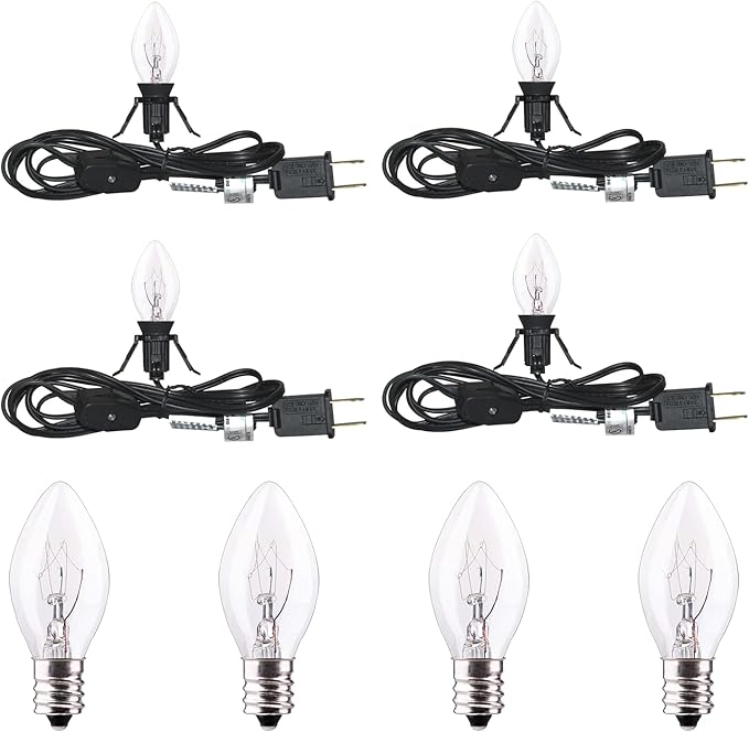 4 Pack Black Accessory Cord with 8Pcs C7 Bulbs (4 for Spare), 6 Feet Clip-in Lamp Cord with On/Off, Light up Halloween Xmas Decor - Lights for Pumpkin Christmas Village House Salt Lamp & Blow Mold