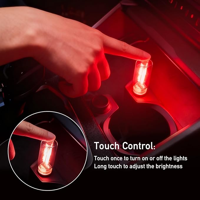 2 PCS USB Car Lights, Touch Dimmable Retro Mini Glass Bottle LED Ambient Night Light for Vehicle Interior, Bedroom, Hallway, Camping, Holiday and Party Decoration (Red)