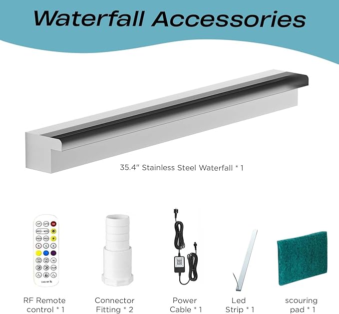 Pool Fountain Stainless Steel Waterfall with LED Lights - 35.4" LED Strip Remote Control with 18 Colors, Smooth Water Flow & Cascade Blade, Easy Installation for Outdoor, Garden, Patio & Ponds