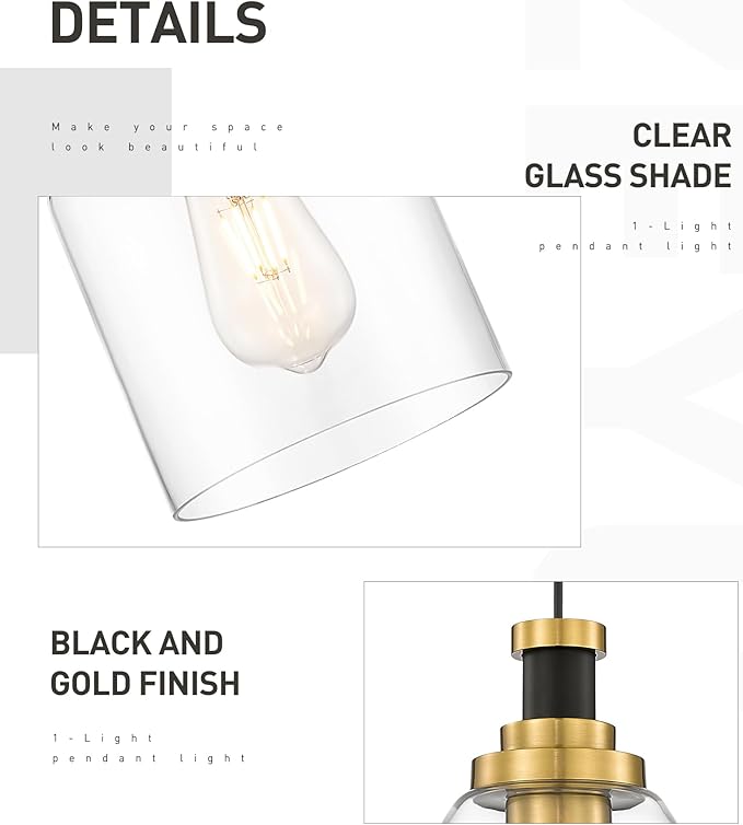 zeyu Modern Hanging Pendant Lights 2 Pack, Kitchen Pendant Lighting with Clear Glass Shade, Black and Gold Finish, ZG33M1L-2 BK+BG