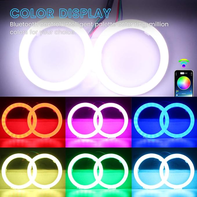 YM E-Bright 1 Set 70MM RGB Angel Eyes LED Halo Rings for Car Lamp Daytime Running Light COB Chips Multil-Color Circle Ring Mobile App Control with PVC Housing DC 12V