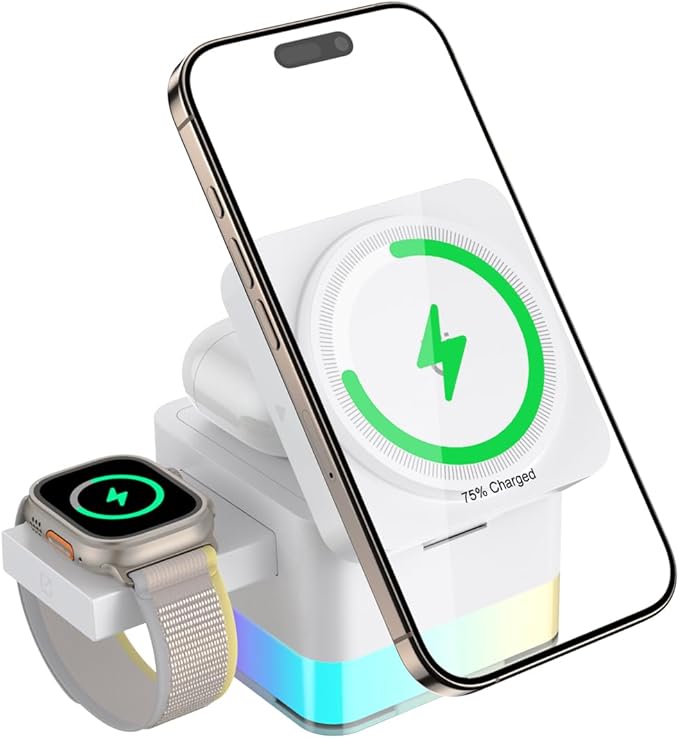 15W Magnetic Wireless Charging Station,XO 3-in-1 Wireless Charging Station with Night-Lamp for Phone 16/15/14/13/12,Watch,air-pods,Fast Charge Multiple Devices