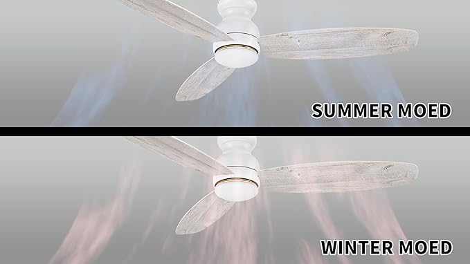 CEME 60 Inches White Ceiling Fan with Light Flush Mount, DC 10 Speeds Silent Ceiling Fan with Remote, 3 Dual Finish Blades, 3 Light Colors Dimmable LED for Living Room, Bedroom