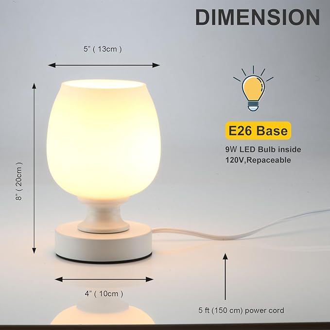 Small LED Table Lamp for Bedroom, 2 Sets Glass Desk Light, 3CCT Bulb Included White