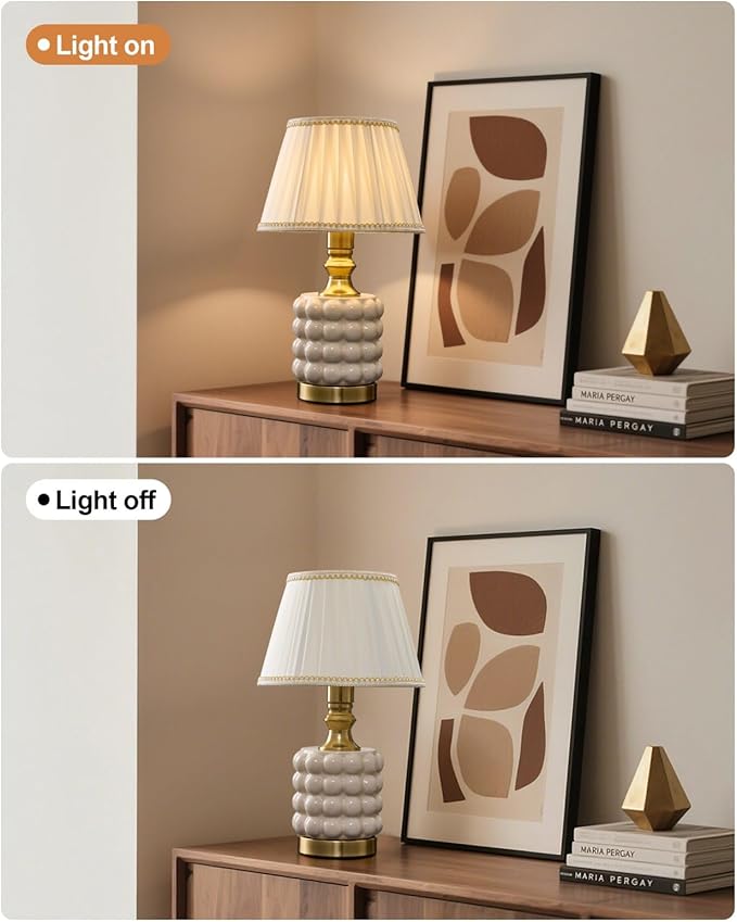 Vintage Lamp for Bedroom,Unique Lamps Cracked Ceramic lamp,UL Rotary Switch Control Pleated lamp Shade,Small Table lamp for Living Room Decor Kitchen Lighting (White+Pleated)