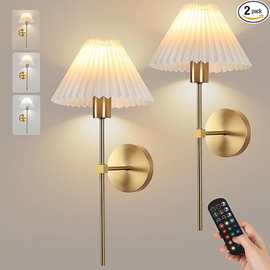 Wireless Wall Sconce Sets of 2, Pleated Shades Rechargeable Battery Operated Wall Sconce, Retro Industrial Gold Wall Lights Bathroom Vanity Sconces, Wall Mounted Lamps for Bedroom Living Room Kitchen