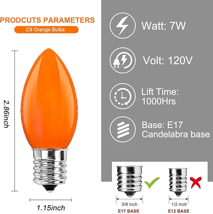 Abeja 25 Pack C9 Halloween Replacement Light Bulbs, Orange Ceramic Christmas Lights for Halloween Outdoor Patio Indoor Xmas String Lights, C9/E12 Candelabra Base, 7 Watt, Orange