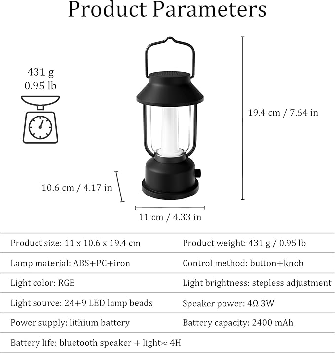 Retro RGB Portable Night Light with Bluetooth Speaker, Constant Light and Fantasy Color Two Modes, Romantic Atmosphere Lamp, Vintage Camping Light with Handle (Black)