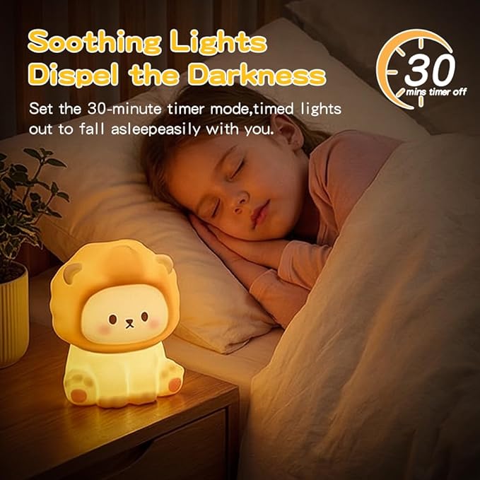 Cute Lion Night Light for Kids, Rechargeable Nursery Lamp with Timer, 3 Brightness Levels & Warm Light, Soft Silicone Baby Night Light, Tap Control, Gift for Toddlers