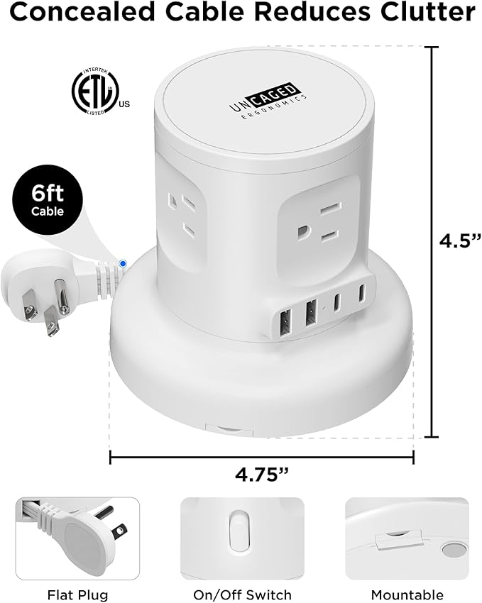 Uncaged Ergonomics Retractable Power Strip with USB Ports, Surge Protector with USB C Ports Fast Charging, Auto Retracting Cord Compact Desktop Charging Station for Home, Office, Nightstand, White
