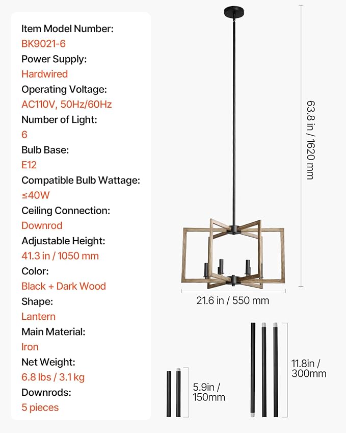 VEVOR 6-Light Chandelier, Metal Farmhouse Chandelier, Adjustable Height, Dining Room Hanging Light Fixture for Ceilings, Modern Chandelier for Bedroom, Foyer, Hall, Kitchen, Living Room and Entryway