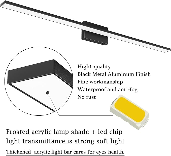 Ralbay 5 Color Temperature Dimmable Mdoern Black Vanity Light for Bathroom Lighting 48inch 36W Acrylic LED Modern Black Bathroom Wall Lighting Fixtures Over Mirror