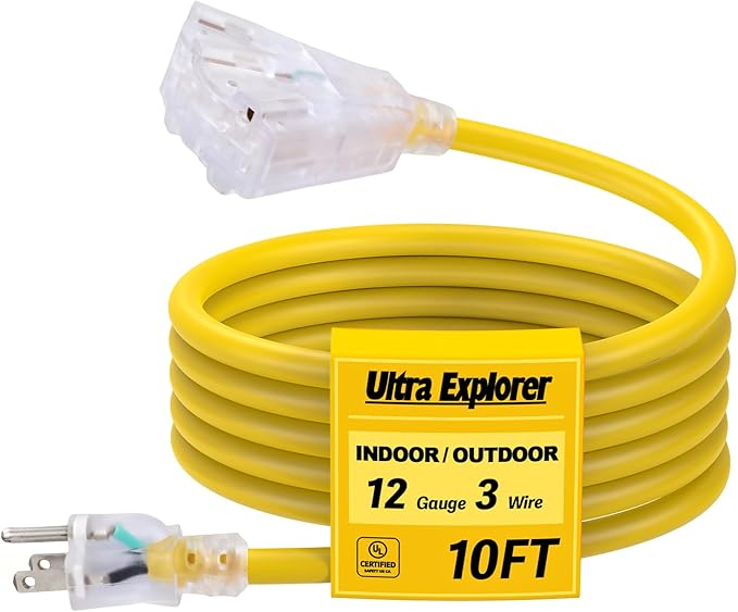 10 Ft Lighted Outdoor Extension Cord with 3 Electrical Power Outlets - 12/3 SJTW Heavy Duty Yellow Extension Cable with 3 Prong Grounded Plug for Safety, UL Listed