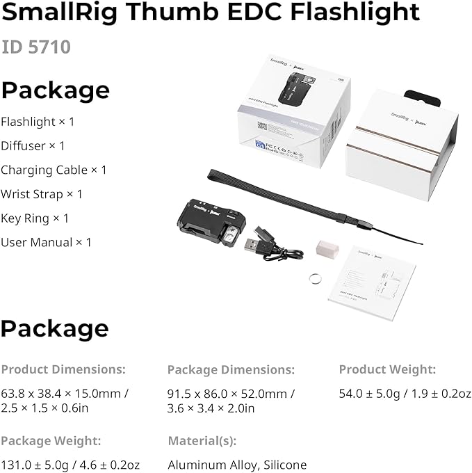 SMALLRIG Rechargeable Mini EDC Flashlight, 400 Lumens Magnetic Pocket-Sized LED Light, IP65 Waterproof, with 1/4”-20 Screw, Diffuser, Everyday Carry Flashlight for Camping, Signaling - 5710