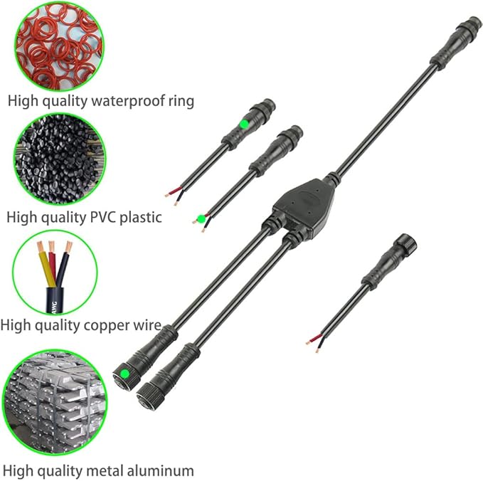 2pin Waterproof Connector,IP68 16WAG Y Shape 1 Male-Divided-2 Female Spillter Connector,LED Extension Cable for Car,Boat,Indoor/Outdoor LED Strip Lights.