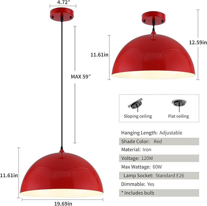 Red Large Pendant Light 2 Packs,19.7inches, Kitchen Pendant Lights, Oversized Island Pendant Lights, Farmhouse Pendant Light, Pendant Light for Bedroom, Kitchen Island