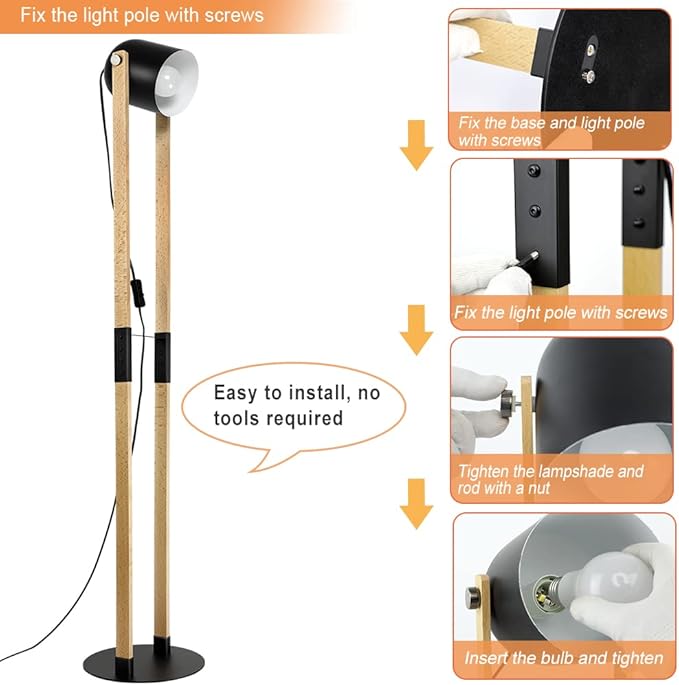Depuley Modern Floor Lamp, Wooden and Metal Floor Lamps for Living Room, 360° Heads Rotatable Standing Light with Pressure Switch, Reading Lamp for Bedroom Office Decoration, E26 Bulb Included