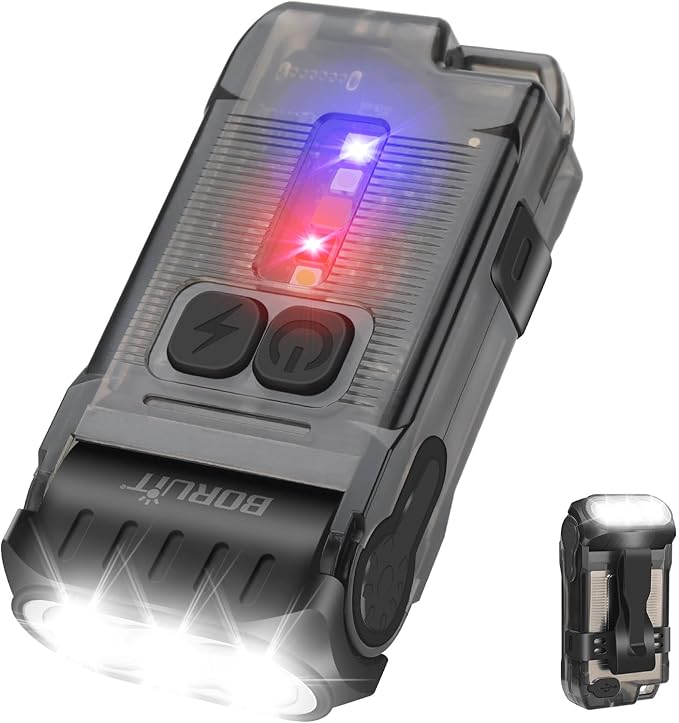 BORUIT V15 LED Small Powerful EDC Flashlight with Warm White Red Light,Bright 1200LM USB C Rechargeable 10 Modes Mini Pocket Keychain Flash Light with Clip,IP67 Waterproof,80°Head Swivels,Tail Magnet