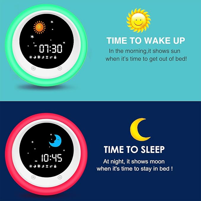 I.CODE Sun & Moon Rise Kids Alarm Clock, Children's Sleep Trainer ,Sleep Sound Machine, Wake Up Light & Night Light ,Teach Kids Day & Night