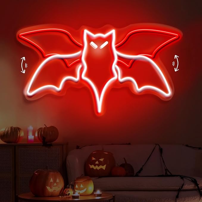 Flying Bat Neon Sign – Halloween LED Wall Light for Gothic Room, Witchcraft Decor, Horror Party, Bedroom & Bar Wall Art, 15" x 7.7"