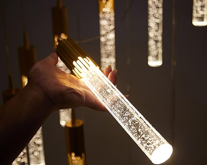 Flashing God 12.5feet Long Staircase Chandelier Gold Bubble Crystal Bolumn Chandeliers Large Foyer Entrance Chandeliers for High Ceiling Big Crystal Chandelier LED Dimmable 2700K-6000K