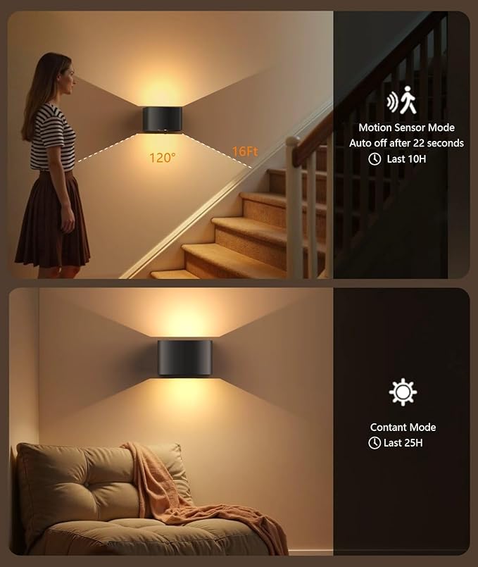Motion Sensor Rechargeable Wall Lights Wireless Wall Sconces with Remote Control Dimmable Up and Down Wall Lamp Battery Powered Led Wall Mounted Light for Living Room Bedrooms 2 Pack